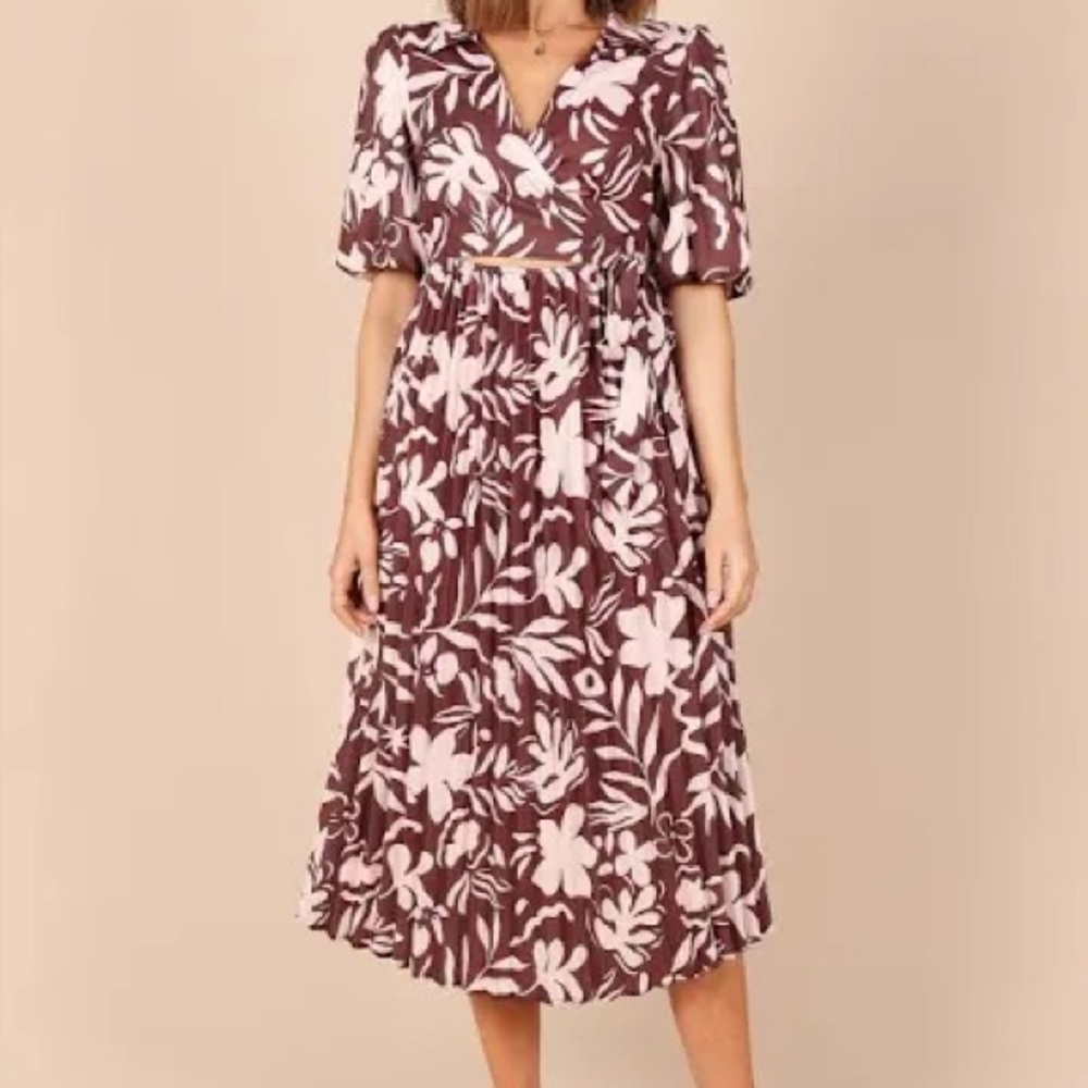 Petal + Pup Floral Midi Dress Brown Cream Tie Waist V Neck Size M